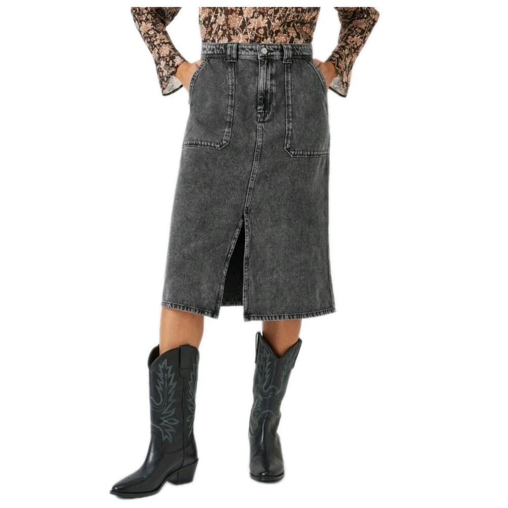 BOHME‎ Womens Denim Midi Skirt Gray Size XL Pockets washed Black Grunge